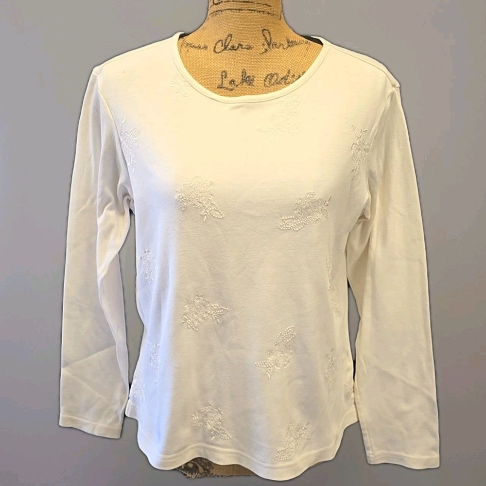 Vtg Classic Elements White Embroidered Floral Top Minimalist Cottagecore sz M